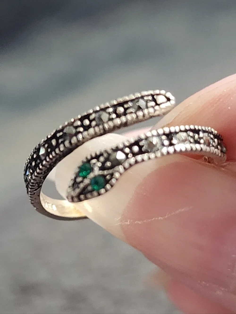 Sterling Silver Marcasite Snake Wrap Ring with Green Stone Eyes